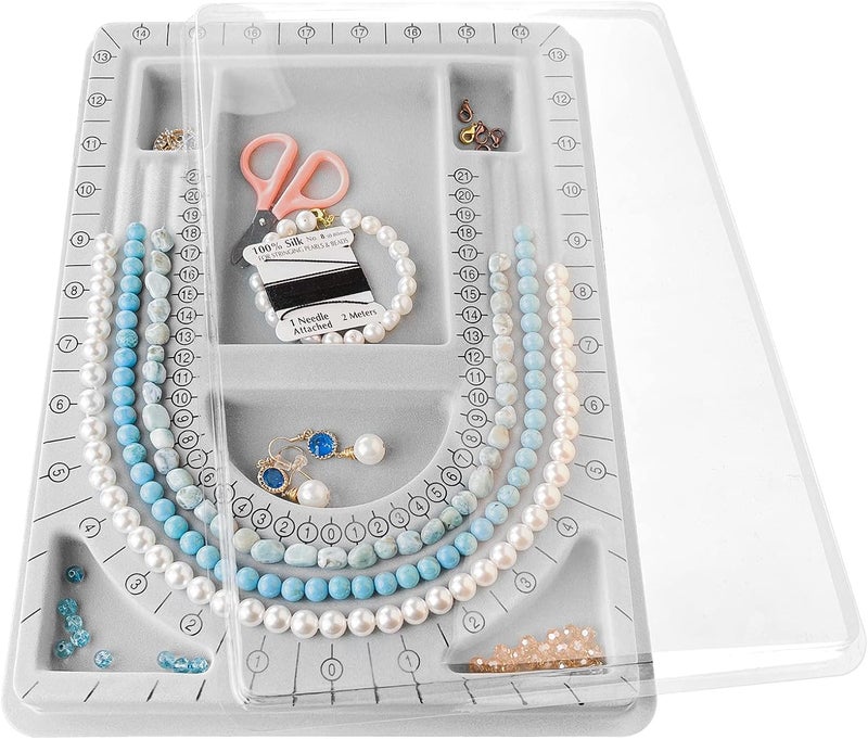 INDIVSHOW The Bead Board with Clear Cover,Grey Flocked,6 Recessed Compartments,3 U-Shaped Channels,Design Boards for Jewelry Bracelet Necklace Making DIY - Image 1